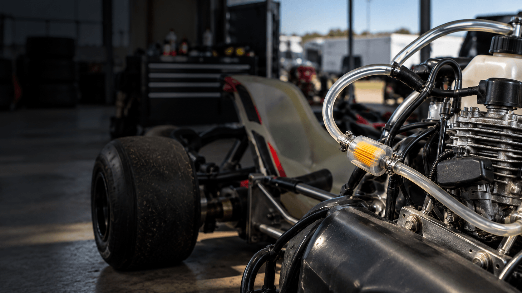 Go kart engine with clear fuel line and inline fuel filter installed near the engine.