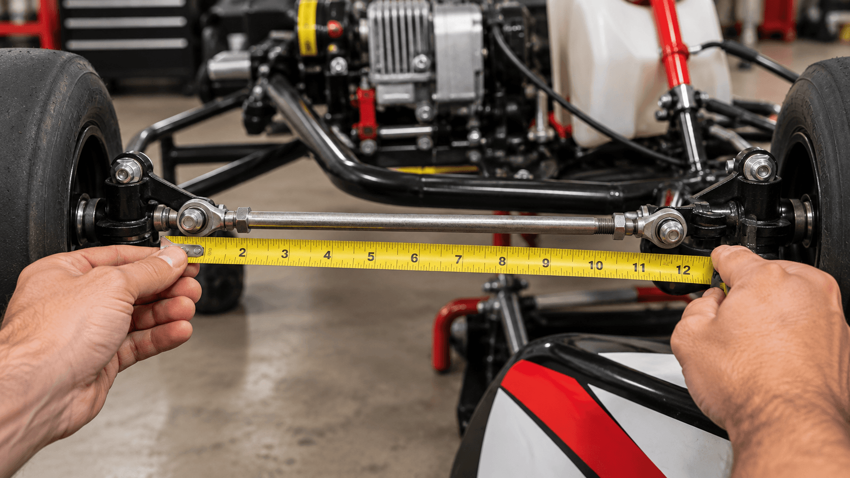Hands measuring a go kart tie rod with a tape measure on the steering assembly.